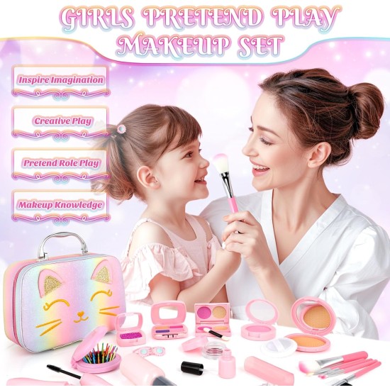Faire semblant de maquillage pour les tout-petits, ensemble de maquillage pour enfants de 3 à 5 ans, kit de maquillage pour tout-petits, jouets de chat pour enfants, faux maquillage, cadeaux d'anniversaire, jouets pour filles de 3, 4, 5, 6, 7, 8 ans et pl