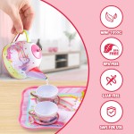 JOYIN Ensemble de thé licorne pour petites filles, ensemble de théière en étain rose, jouet de cuisine princesse Tea Time avec théière, tasse, assiette, étui de transport pour enfants tout-petits âgés de 3, 4, 5, 6 ans, cadeau d'anniversaire de Pâques