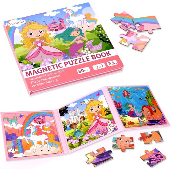 Puzzles magnétiques pour enfants de 3 à 5 ans, puzzles de voyage 3 en 1 princesse licorne sirène pour enfants de 4 à 6 ans, jouets d'activités de voyage en voiture, avion, cadeaux de Pâques pour filles