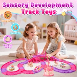 Jouets licorne pour enfants filles de 4 à 6 ans : 232 pièces de piste de course de camion monstre licorne avec 2 voitures à tirer, jouets pour filles de 3, 4, 5, 6, 7 ans, cadeaux d'anniversaire de Pâques pour filles de 3 à 5, 6 à 8 ans.