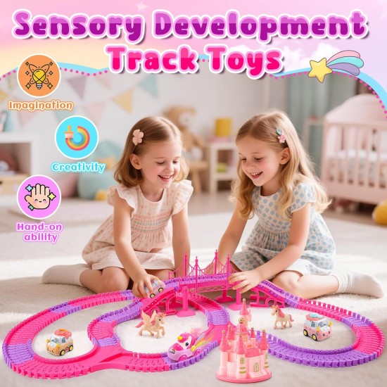 Jouets licorne pour enfants filles de 4 à 6 ans : 232 pièces de piste de course de camion monstre licorne avec 2 voitures à tirer, jouets pour filles de 3, 4, 5, 6, 7 ans, cadeaux d'anniversaire de Pâques pour filles de 3 à 5, 6 à 8 ans.