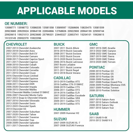 Capteur TPMS, capteur de surveillance de pression des pneus GM 315 MHz compatible pour Chevy Silverado GMC Cadillac Buick Pontiac Saturn Hummber Saab Remplace # 13598771 13598772 13586335 13581558 Lot de 4
