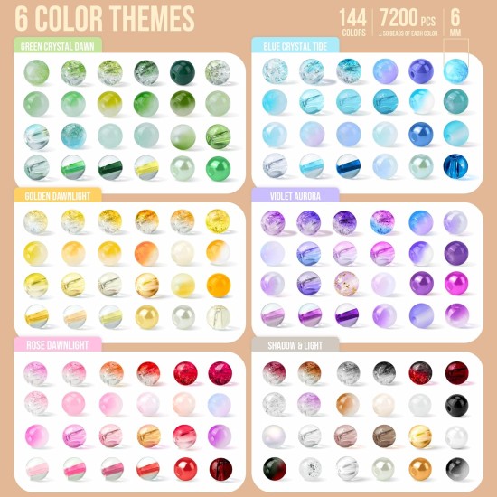 Kit de fabrication de bracelets en perles de verre de 6 mm, 7 200 pièces, 144 couleurs assorties, perles de cristal pour bracelets et fabrication de bijoux, perles rondes en verre craquelé pour bricolage, colliers d'amitié, bracelets de boucles d'oreilles