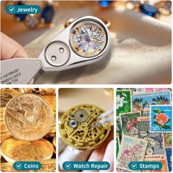 JARLINK Loupe de bijoutier 40X avec construction en métal, loupe éclairée LED/UV pliable pour pierres précieuses, bijoux, pièces de monnaie, timbres