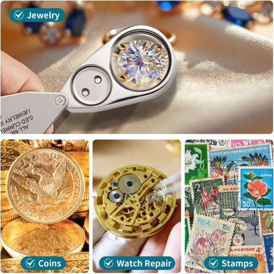 JARLINK Loupe de bijoutier 40X avec construction en métal, loupe éclairée LED/UV pliable pour pierres précieuses, bijoux, pièces de monnaie, timbres
