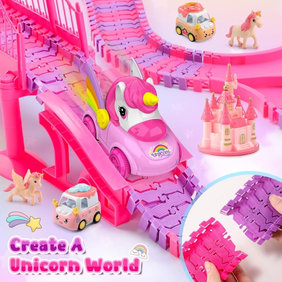 Jouets licorne pour enfants filles de 4 à 6 ans : 232 pièces de piste de course de camion monstre licorne avec 2 voitures à tirer, jouets pour filles de 3, 4, 5, 6, 7 ans, cadeaux d'anniversaire de Pâques pour filles de 3 à 5, 6 à 8 ans.