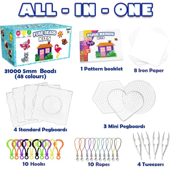 FUNZBO 31000 Kit de perles fusibles de 5 mm – 48 couleurs, fournitures d'art et d'artisanat de Pâques pour enfants, ensemble de jouets, décorations artistiques pour chambre, jouets d'anniversaire, cadeaux pour filles et garçons à partir de 5 ans