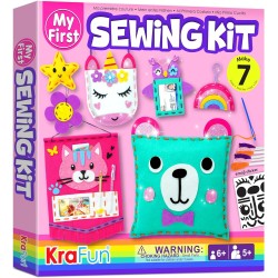 KRAFUN Mon premier kit de couture pour enfants débutants, 7 projets de bricolage faciles de poupées en peluche et d'oreillers en peluche, instructions et feutre, cadeau pour filles, garçons, apprendre à coudre, broderie