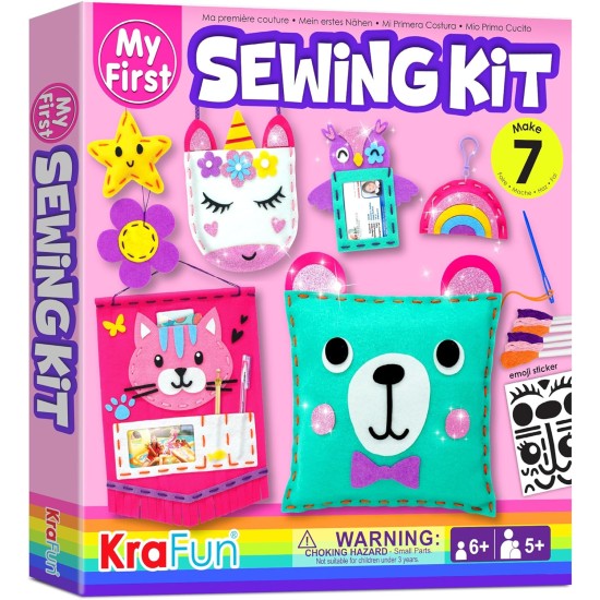 KRAFUN Mon premier kit de couture pour enfants débutants, 7 projets de bricolage faciles de poupées en peluche et d'oreillers en peluche, instructions et feutre, cadeau pour filles, garçons, apprendre à coudre, broderie