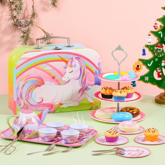 JOYIN 35 pièces ensemble de thé licorne pour petites filles, ensemble de théière en étain, jouet de cuisine princesse Tea Time avec dessert, beignet, étui de transport pour cadeaux d'anniversaire de Pâques enfants tout-petits âgés de 3 4 5 6