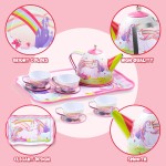 JOYIN Ensemble de thé licorne pour petites filles, ensemble de théière en étain rose, jouet de cuisine princesse Tea Time avec théière, tasse, assiette, étui de transport pour enfants tout-petits âgés de 3, 4, 5, 6 ans, cadeau d'anniversaire de Pâques