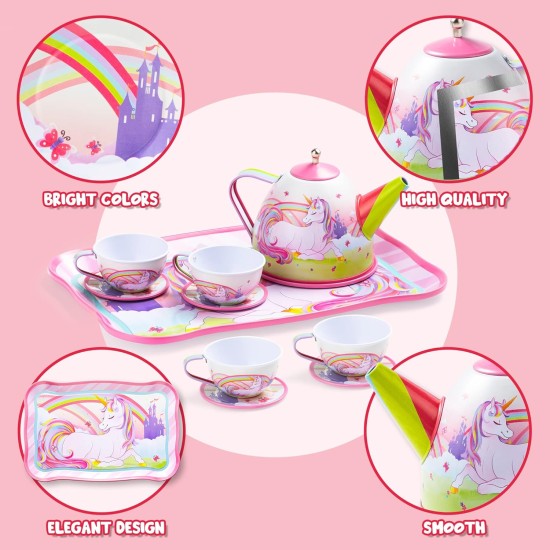 JOYIN Ensemble de thé licorne pour petites filles, ensemble de théière en étain rose, jouet de cuisine princesse Tea Time avec théière, tasse, assiette, étui de transport pour enfants tout-petits âgés de 3, 4, 5, 6 ans, cadeau d'anniversaire de Pâques