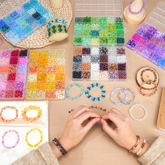 Kit de fabrication de bracelets en perles de verre de 6 mm, 7 200 pièces, 144 couleurs assorties, perles de cristal pour bracelets et fabrication de bijoux, perles rondes en verre craquelé pour bricolage, colliers d'amitié, bracelets de boucles d'oreilles
