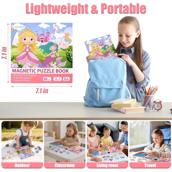 Puzzles magnétiques pour enfants de 3 à 5 ans, puzzles de voyage 3 en 1 princesse licorne sirène pour enfants de 4 à 6 ans, jouets d'activités de voyage en voiture, avion, cadeaux de Pâques pour filles
