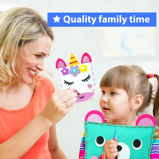 KRAFUN Mon premier kit de couture pour enfants débutants, 7 projets de bricolage faciles de poupées en peluche et d'oreillers en peluche, instructions et feutre, cadeau pour filles, garçons, apprendre à coudre, broderie