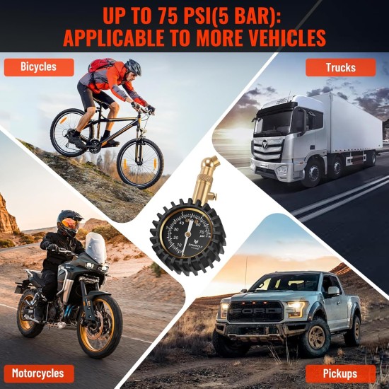 ETENWOLF Manomètre de pneu pour voiture 0-75 PSI, manomètre avec grand cadran lumineux, calibré selon ANSI B40.1 Grade A (plus-moins 1 %), jauge de pneu pour accessoires de voiture (noir)