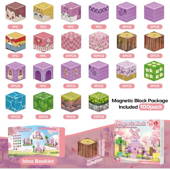 Blocs magnétiques, blocs de construction magnétiques 100 pièces, jouets sensoriels STEM avec construction de château de princesse – tuiles magnétiques créatives pour les tout-petits âgés de 3 ans et plus, garçons et filles – cadeaux de fête d'anniversaire