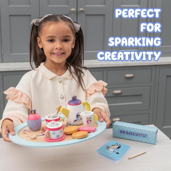 8th Wonder Bluey Toys Service à thé en bois 18 pièces durable avec plateau, théière, cuillères à café et plus encore, jeu de simulation pour les tout-petits à partir de 3 ans