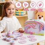 JOYIN Ensemble de thé licorne pour petites filles, ensemble de théière en étain rose, jouet de cuisine princesse Tea Time avec théière, tasse, assiette, étui de transport pour enfants tout-petits âgés de 3, 4, 5, 6 ans, cadeau d'anniversaire de Pâques