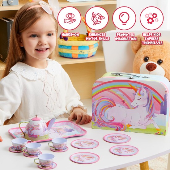 JOYIN Ensemble de thé licorne pour petites filles, ensemble de théière en étain rose, jouet de cuisine princesse Tea Time avec théière, tasse, assiette, étui de transport pour enfants tout-petits âgés de 3, 4, 5, 6 ans, cadeau d'anniversaire de Pâques
