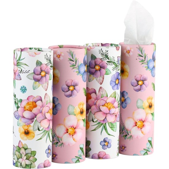 Porte-mouchoirs de voiture de 200 feuilles avec mouchoirs en papier, tubes de mouchoirs de voyage à 3 épaisseurs, boîte de mouchoirs en papier de 4 pièces, parfait pour le cylindre porte-gobelet de voiture (rose)