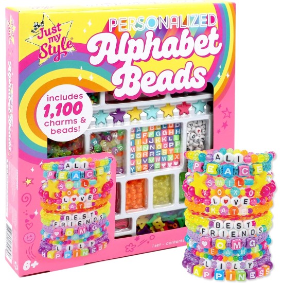 Just My Style ABC Perles par Horizon Group Usa, plus de 1000 breloques et perles, breloques alphabet, cordon de perles de cire en forme d'étoile, porte-clés en cordon de satin inclus, brillant, petit