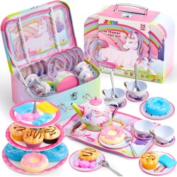 JOYIN 35 pièces ensemble de thé licorne pour petites filles, ensemble de théière en étain, jouet de cuisine princesse Tea Time avec dessert, beignet, étui de transport pour cadeaux d'anniversaire de Pâques enfants tout-petits âgés de 3 4 5 6