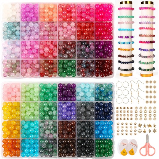 Perles de verre pour la fabrication de bijoux, 1300 pièces + 8 mm, 48 couleurs, perles rondes en verre de cristal, kit de fabrication de bracelets, kit de démarrage de perles pour cadeaux d'artisanat d'art de vacances d'anniversaire Perles de verre pour la fabrication de bijoux, 1300 pièces + 8 mm, 48 couleurs, perles rondes en verre de cristal, kit de fabrication de bracelets, kit de démarrage de perles pour cadeaux d'artisanat d'art de vacances d'anniversaire